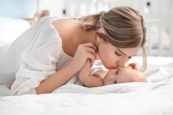 Happy Mother Cute Little Baby Bed Home — Stock Photo, Image