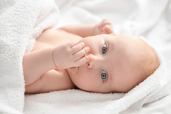 Cute Little Baby Lying Bed Home Closeup — Stock Photo, Image