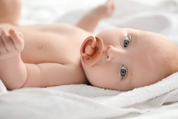 Cute Little Baby Lying Bed Home Closeup — Stock Photo, Image