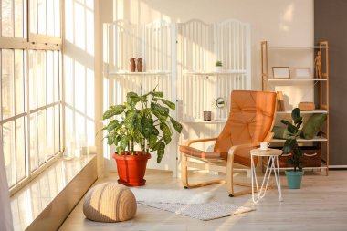 Koltuğu ve katlanır ekranı olan modern odanın içi