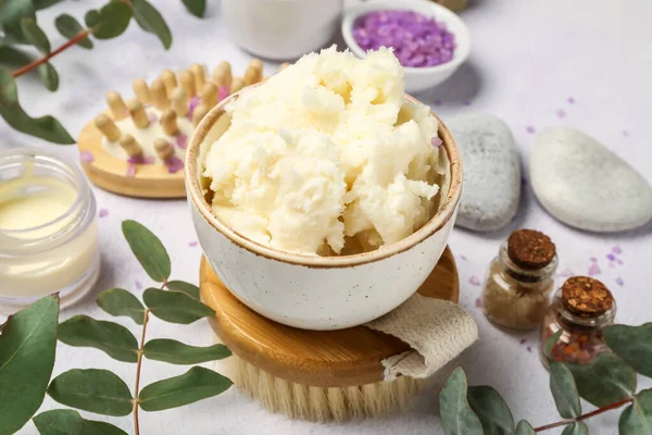 Bowl Shea Butter Bath Supplies Light Background — Stock Photo, Image