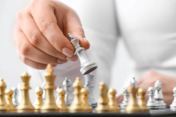 Woman Playing Chess Light Table Closeup — Stock Photo, Image