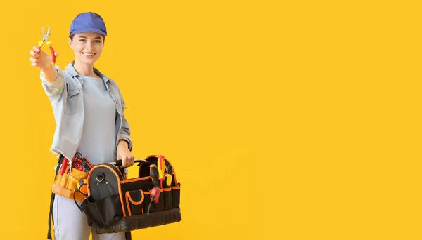 Beautiful Female Electrician Bag Tools Color Background — Stock Photo, Image