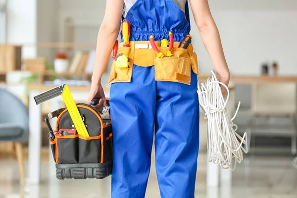 Young Female Electrician Tools Room — Foto de Stock