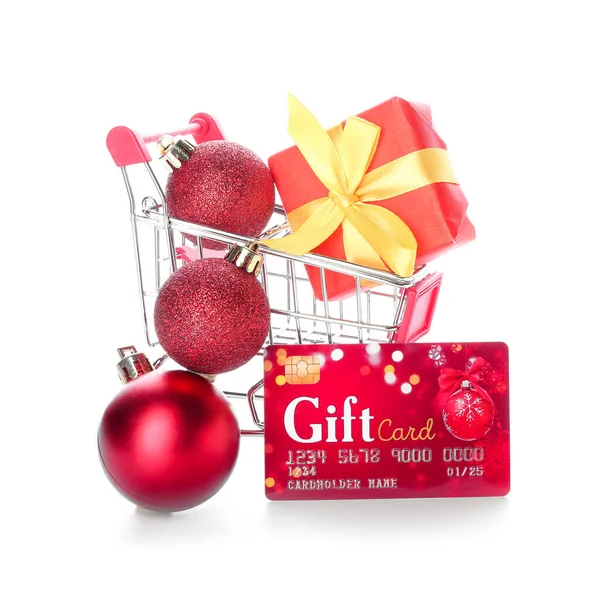 Bevásárlókosár Ajándékkártyával Karácsonyi Dekorációval Fehér Alapon — Stock Fotó