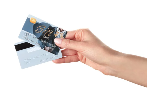 Female Hand Gift Cards White Background — Stock Photo, Image