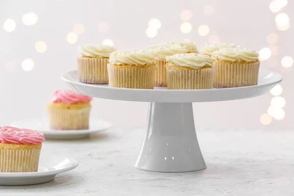 Dessert Stand Tasty Cupcakes Blurred Background — Stock Photo, Image