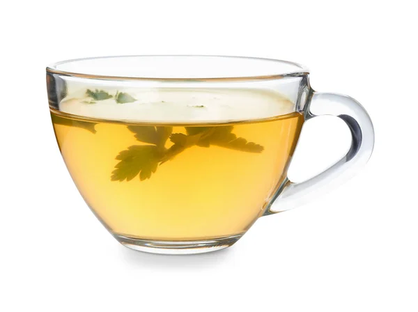 Tasse Heißer Tee Mit Petersilie Auf Weißem Hintergrund — Stockfoto