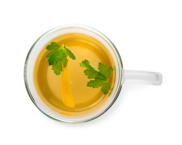Tasse Heißer Tee Mit Petersilie Auf Weißem Hintergrund — Stockfoto