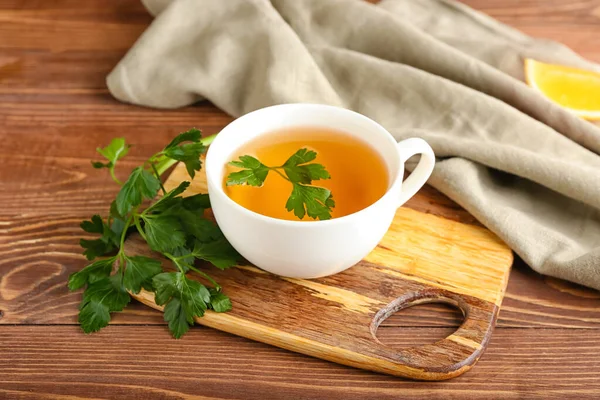 Cup Hot Tea Parsley Wooden Background — Stock Photo, Image