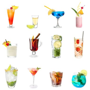 Beyaz arka planda farklı alkollü kokteyller. 