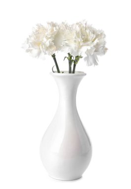 Beyaz arka planda karanfil çiçekli vazo