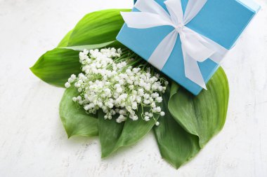 Vadideki güzel zambak çiçekleri ve açık arkaplanda hediye kutusu