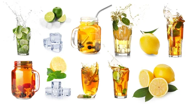 Beyaz arkaplanda lezzetli buzlu çay kolajı