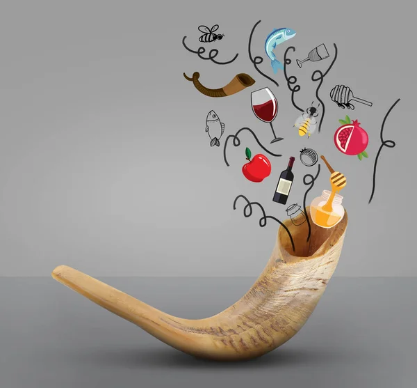 Shofar Symbols Rosh Hashanah Jewish New Year Grey Background — Stock Photo, Image