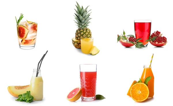 Different Healthy Fruit Juices White Background — Foto de Stock