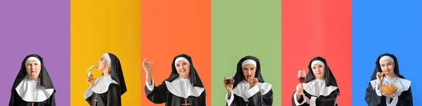 Groep Van Ondeugende Nonnen Kleur Achtergrond — Stockfoto