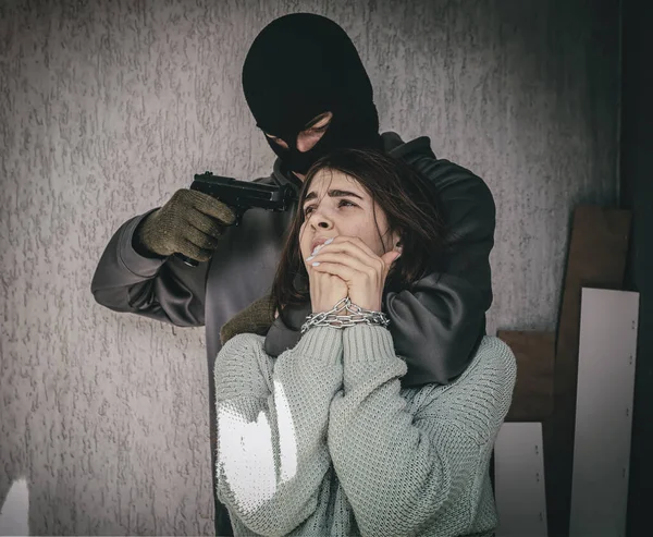 Terrorist Female Hostage Outdoors — Stock Photo, Image