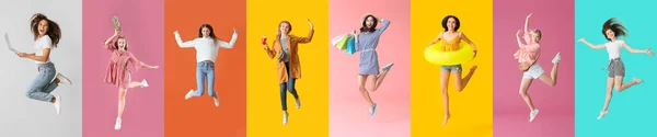 Hoppa Unga Kvinnor Färg Bakgrund — Stockfoto