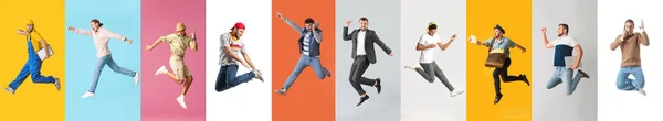 Jumping Young Men Color Background — Stock Photo, Image