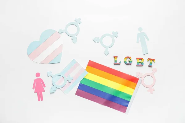 Regnbågsflagga Med Förkortning Hbtq Mänskliga Figurer Och Transgenussymboler Vit Bakgrund — Stockfoto