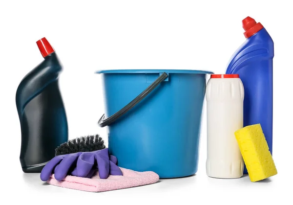 Bucket Cleaning Supplies White Background — Stock Photo, Image