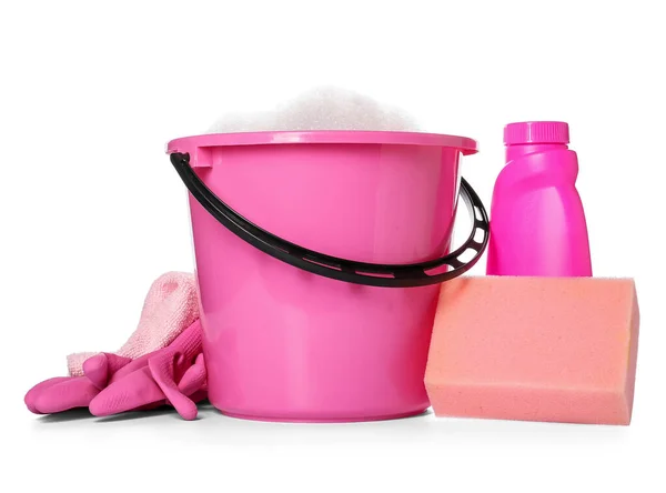 Bucket Cleaning Supplies White Background — Stock Photo, Image