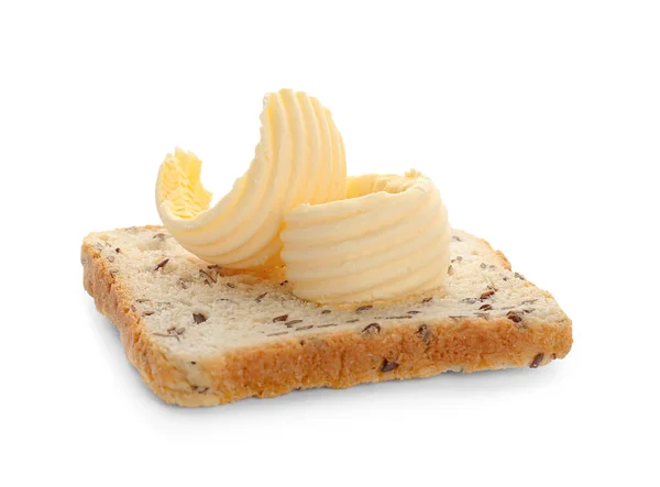 Slice Fresh Bread Butter White Background — Stock Photo, Image