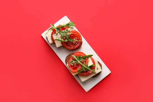 Tasty Bruschettas Tomato Tofu Cheese Color Background — Stock Photo, Image