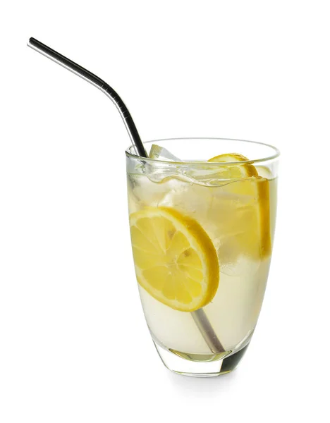 Glass Tasty Cold Lemonade White Background — Stock Photo, Image