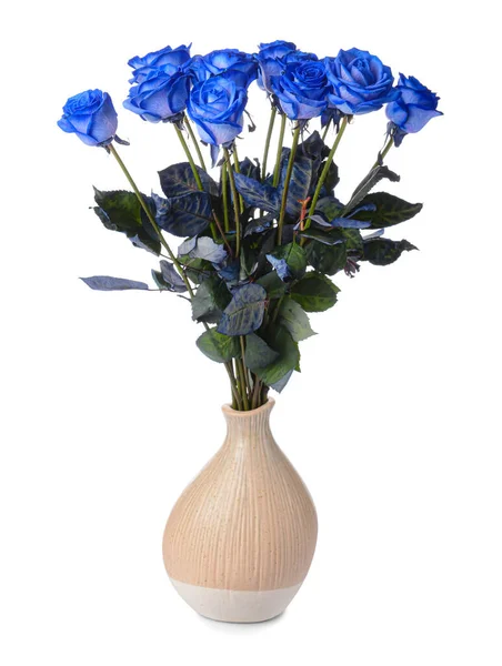 Vase Beautiful Blue Roses White Background — Stock Photo, Image