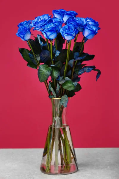 Vase Beautiful Blue Roses Color Background — Stock Photo, Image