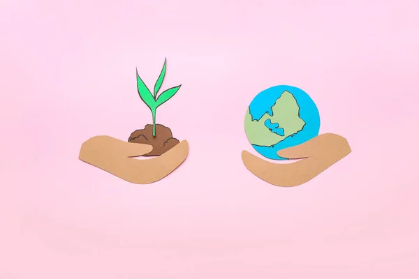 Menselijke Handen Met Planeet Aarde Ontkiemen Kleur Achtergrond Ecologisch Concept — Stockfoto