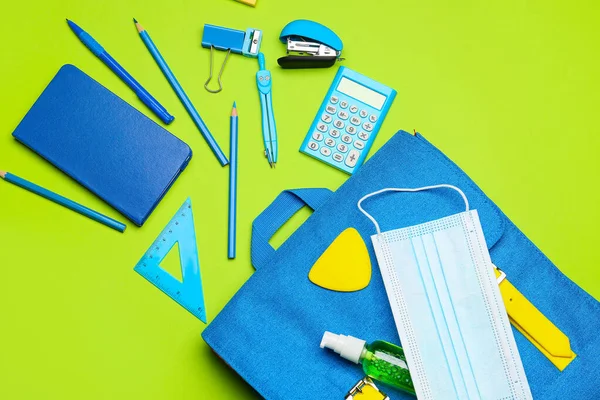 School Backpack Stationery Color Background — Stock Photo, Image