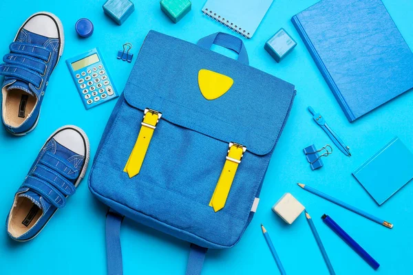 School Backpack Stationery Color Background — Stock Photo, Image