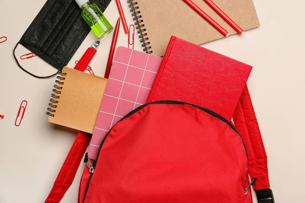 School Backpack Stationery Light Background — Stock Photo, Image