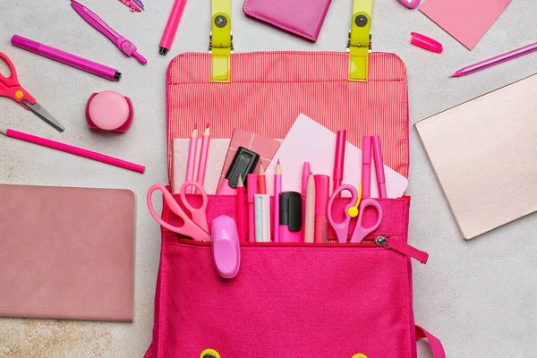 School Backpack Stationery Light Background — Stock Photo, Image