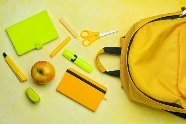 School Backpack Stationery Color Background — Stock Photo, Image