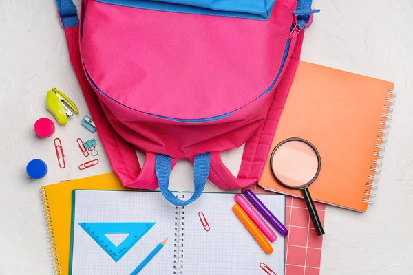 School Backpack Stationery Light Background — Stock Photo, Image