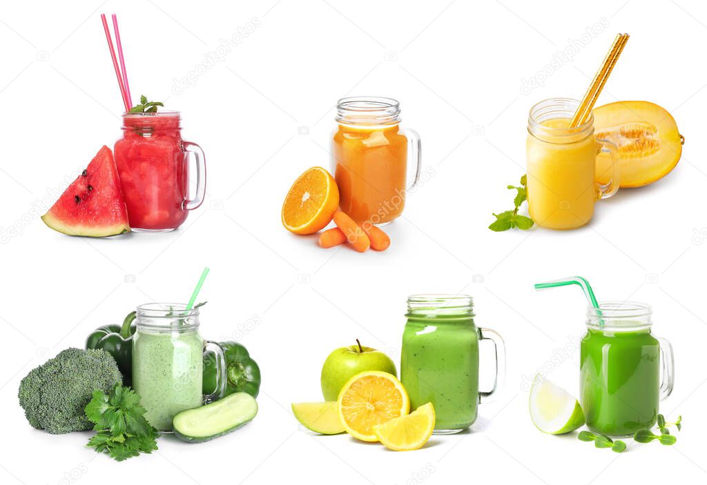 Mason jars of different healthy juices on white background