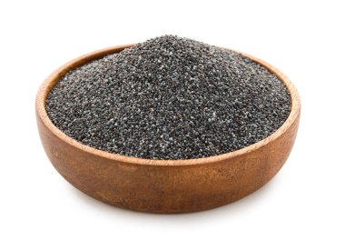 Beyaz arkaplanda haşhaş tohumları olan bir kase