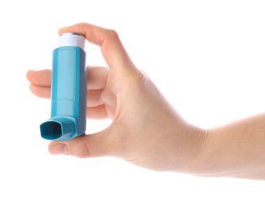 Female hand with inhaler on white background clipart
