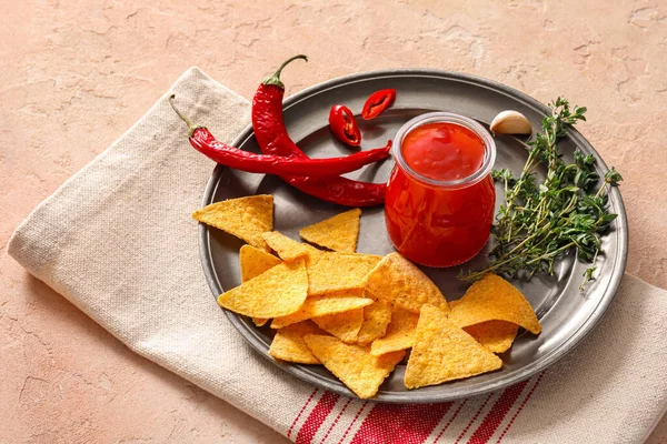 Tray Tasty Chili Sauce Nachos Ingredients Color Background — Stock Photo, Image