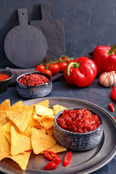 Composition Tasty Chili Sauce Ingredients Nachos Dark Background — Stock Photo, Image
