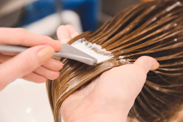 Female Hairdresser Working Client Beauty Salon Closeup — Stock Photo, Image