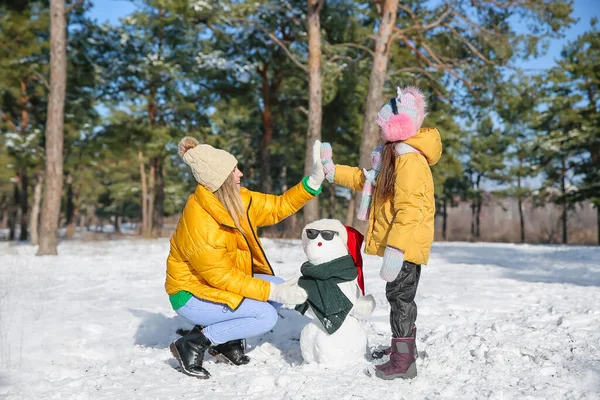 Happy Family Making Snowman Park — Stock Photo, Image