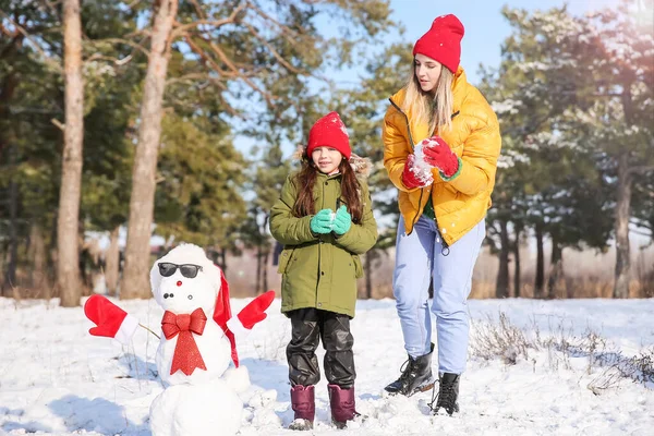 Happy Family Snowman Park — Stock Photo, Image