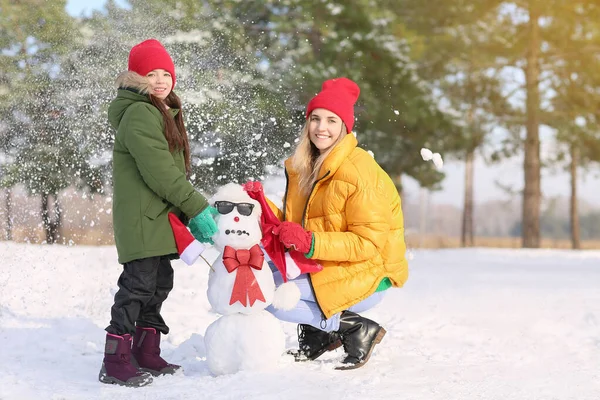 Happy Family Making Snowman Park — Stock Photo, Image