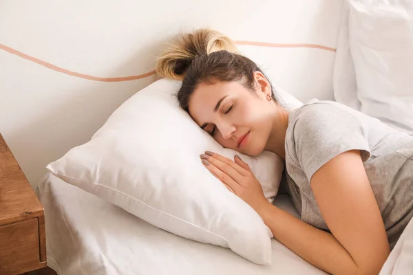 Morning Beautiful Young Woman Sleeping Bed — Stock Photo, Image