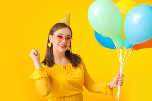 Beautiful Woman Balloons Color Background — Stock Photo, Image